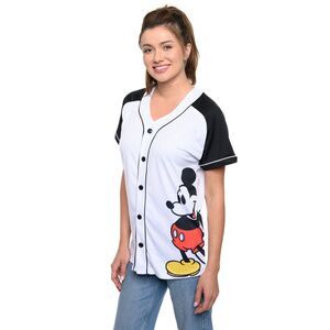 New Women's Mickey Mouse Baseball Jersey Shirt White Button Down